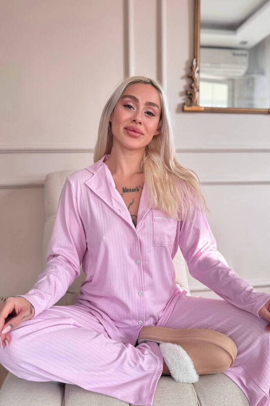 Pembe Dublin Önden Düğmeli Uzun Kollu Kadın Pijama Takımı - Pijamaevi (1)