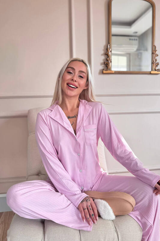 Pembe Dublin Önden Düğmeli Uzun Kollu Kadın Pijama Takımı - Pijamaevi (2)