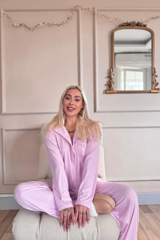 Pembe Dublin Önden Düğmeli Uzun Kollu Kadın Pijama Takımı - Pijamaevi (3)