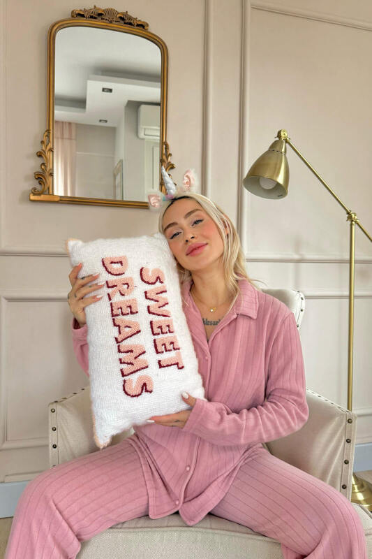 Pembe Düz Önden Düğmeli Peluş Polar Pijama Takımı - Pijamaevi (2)