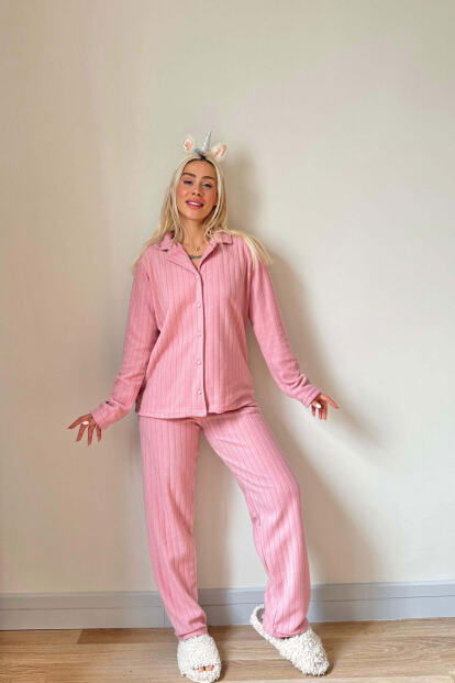 Pembe Düz Önden Düğmeli Peluş Polar Pijama Takımı - 6