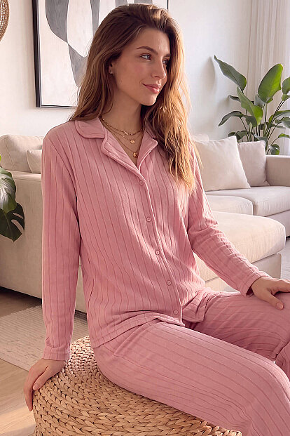 Pembe Düz Önden Düğmeli Peluş Polar Pijama Takımı 