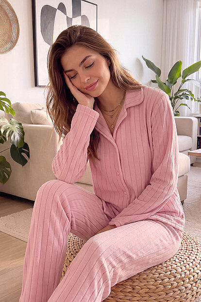 Pembe Düz Önden Düğmeli Peluş Polar Pijama Takımı - 5