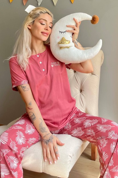 Pembe Easy Nakışlı Kısa Kollu Örme Kadın Pijama Takımı - 1