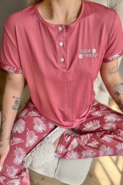 Pembe Easy Nakışlı Kısa Kollu Örme Kadın Pijama Takımı - 4