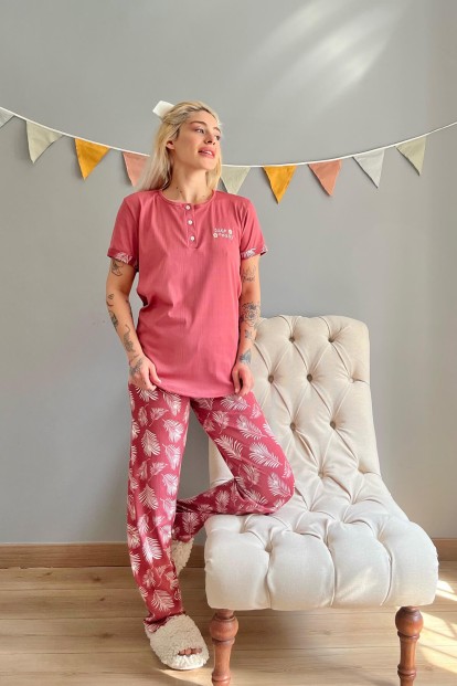 Pembe Easy Nakışlı Kısa Kollu Örme Kadın Pijama Takımı - 5