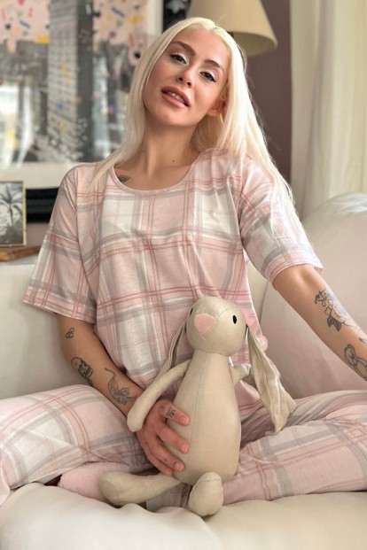 Pembe Ekose Baskılı Kısa Kollu Kadın Pijama Takımı - 1