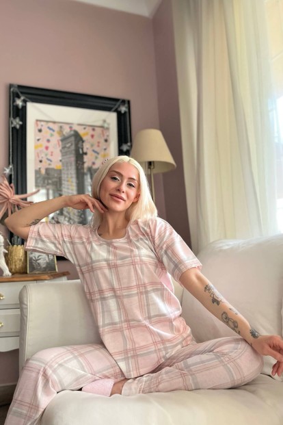 Pembe Ekose Baskılı Kısa Kollu Kadın Pijama Takımı - 2