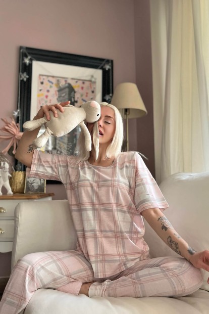 Pembe Ekose Baskılı Kısa Kollu Kadın Pijama Takımı - 3