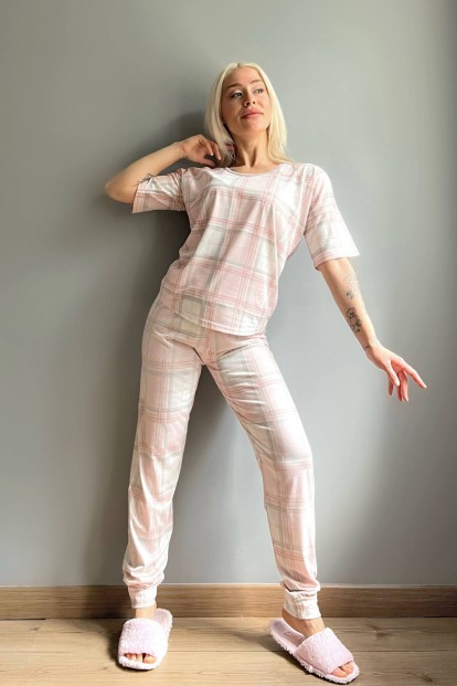 Pembe Ekose Baskılı Kısa Kollu Kadın Pijama Takımı - 5