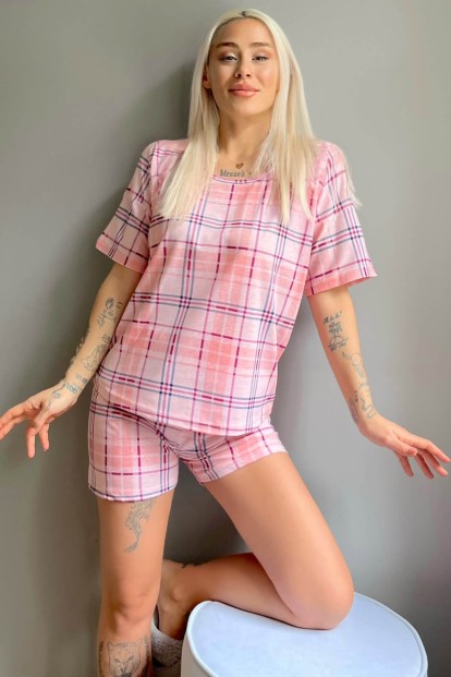Pembe Ekose Baskılı Şortlu Kadın Pijama Takımı - 1
