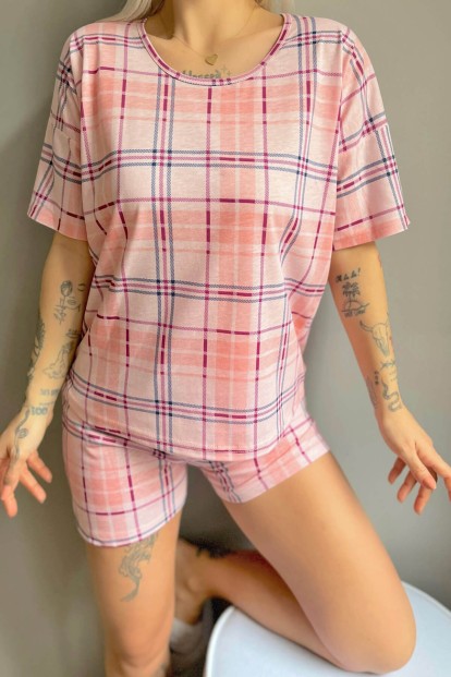 Pembe Ekose Baskılı Şortlu Kadın Pijama Takımı - 4