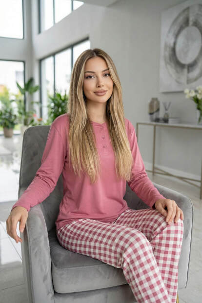 Pembe Ekose Desenli Uzun Kollu Bambu Örme Kadın Pijama Takımı - 2