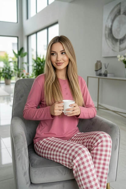 Pembe Ekose Desenli Uzun Kollu Bambu Örme Kadın Pijama Takımı - 3