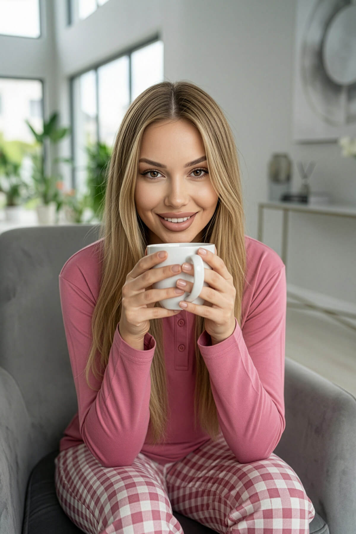 Pembe Ekose Desenli Uzun Kollu Bambu Örme Kadın Pijama Takımı - Pijamaevi (3)