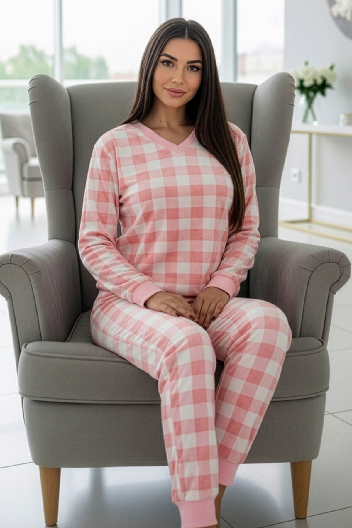 Pembe Ekose Desenli Veloura Soft Kadın Pijama Takımı  - Pijamaevi (1)