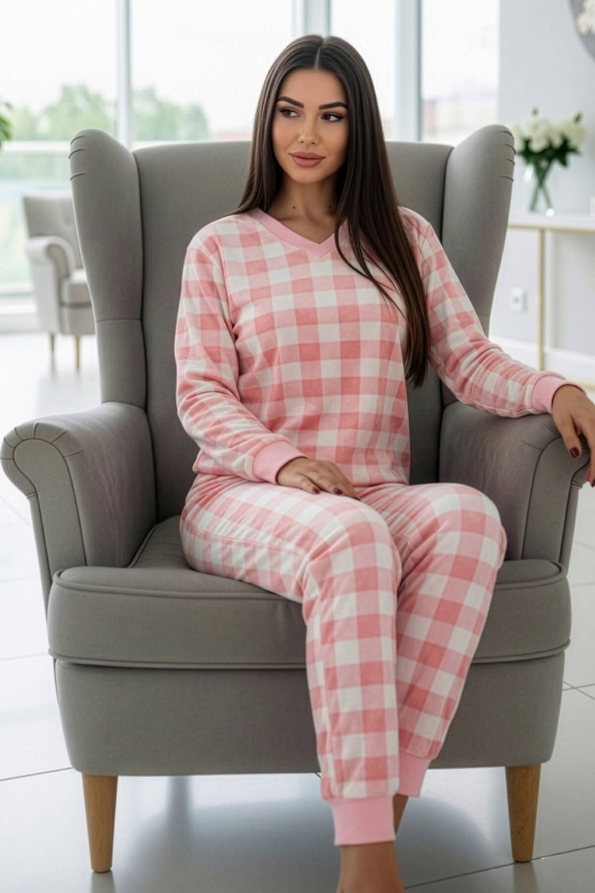 Pembe Ekose Desenli Veloura Soft Kadın Pijama Takımı  - Pijamaevi (2)