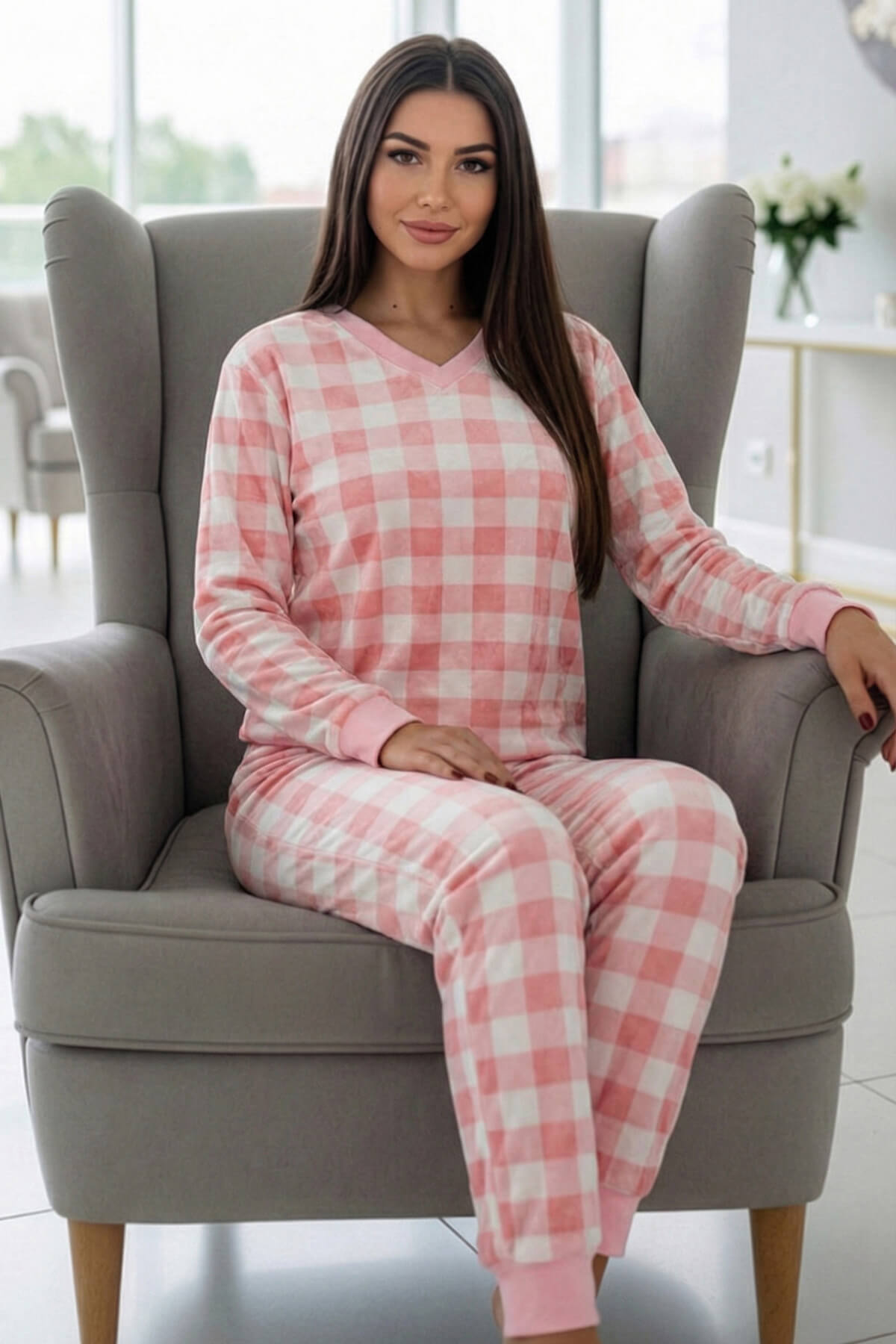 Pembe Ekose Desenli Veloura Soft Kadın Pijama Takımı  - Pijamaevi (3)