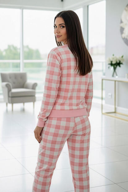 Pembe Ekose Desenli Veloura Soft Kadın Pijama Takımı  - 6