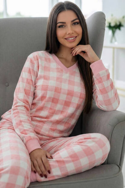 Pembe Ekose Desenli Veloura Soft Kadın Pijama Takımı  - 7