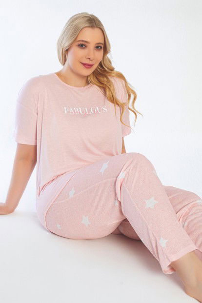 Pembe Fabulous Baskılı Büyük Beden Battal Pijama Takımı - 1