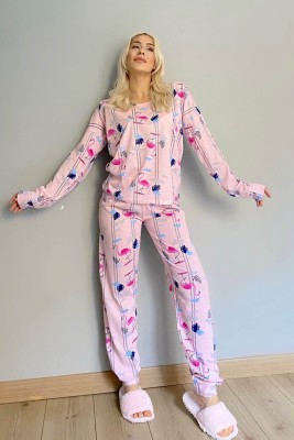 Pembe Fenicottero Baskılı Uzun Kol Kadın Pijama Takımı - 3