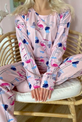 Pembe Fenicottero Baskılı Uzun Kol Kadın Pijama Takımı - 4