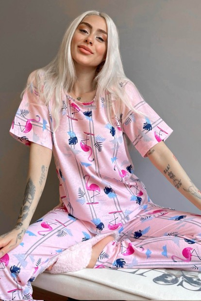 Pembe Flamingo Baskılı Kısa Kollu Kadın Pijama Takımı - 1