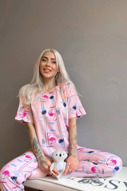 Pembe Flamingo Baskılı Kısa Kollu Kadın Pijama Takımı - 2