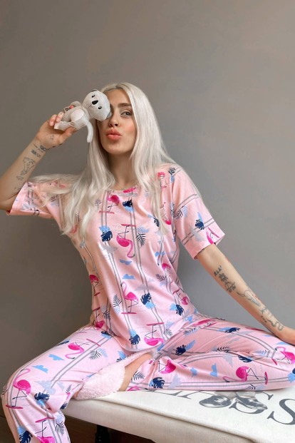 Pembe Flamingo Baskılı Kısa Kollu Kadın Pijama Takımı - 3