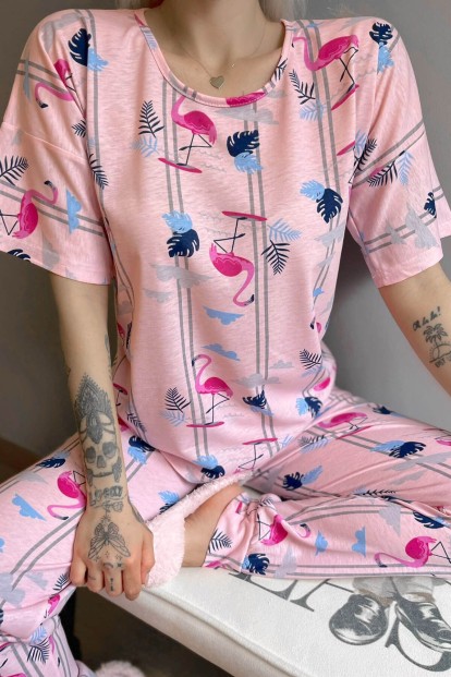 Pembe Flamingo Baskılı Kısa Kollu Kadın Pijama Takımı - 4