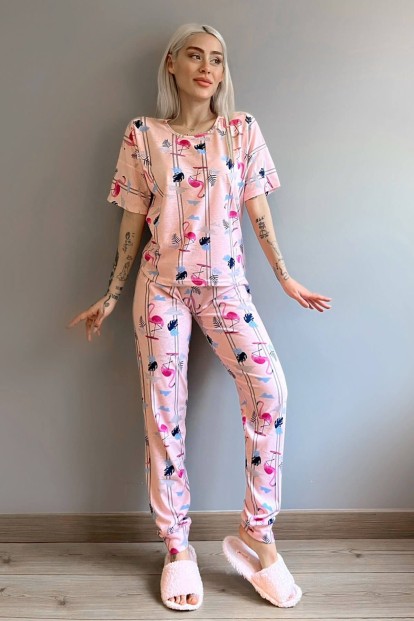 Pembe Flamingo Baskılı Kısa Kollu Kadın Pijama Takımı - 5