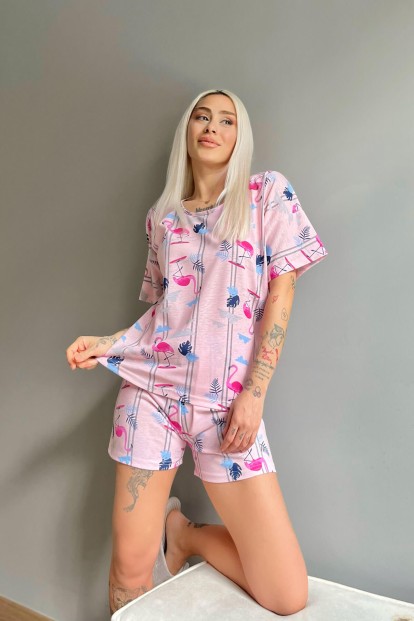 Pembe Flamingo Baskılı Şortlu Kadın Pijama Takımı - 2