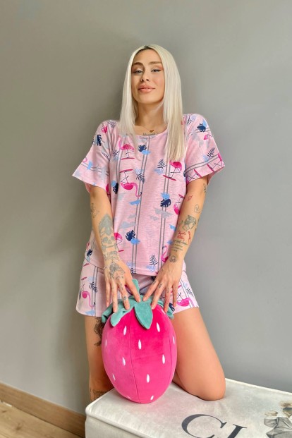Pembe Flamingo Baskılı Şortlu Kadın Pijama Takımı - 4