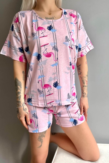 Pembe Flamingo Baskılı Şortlu Kadın Pijama Takımı - 5