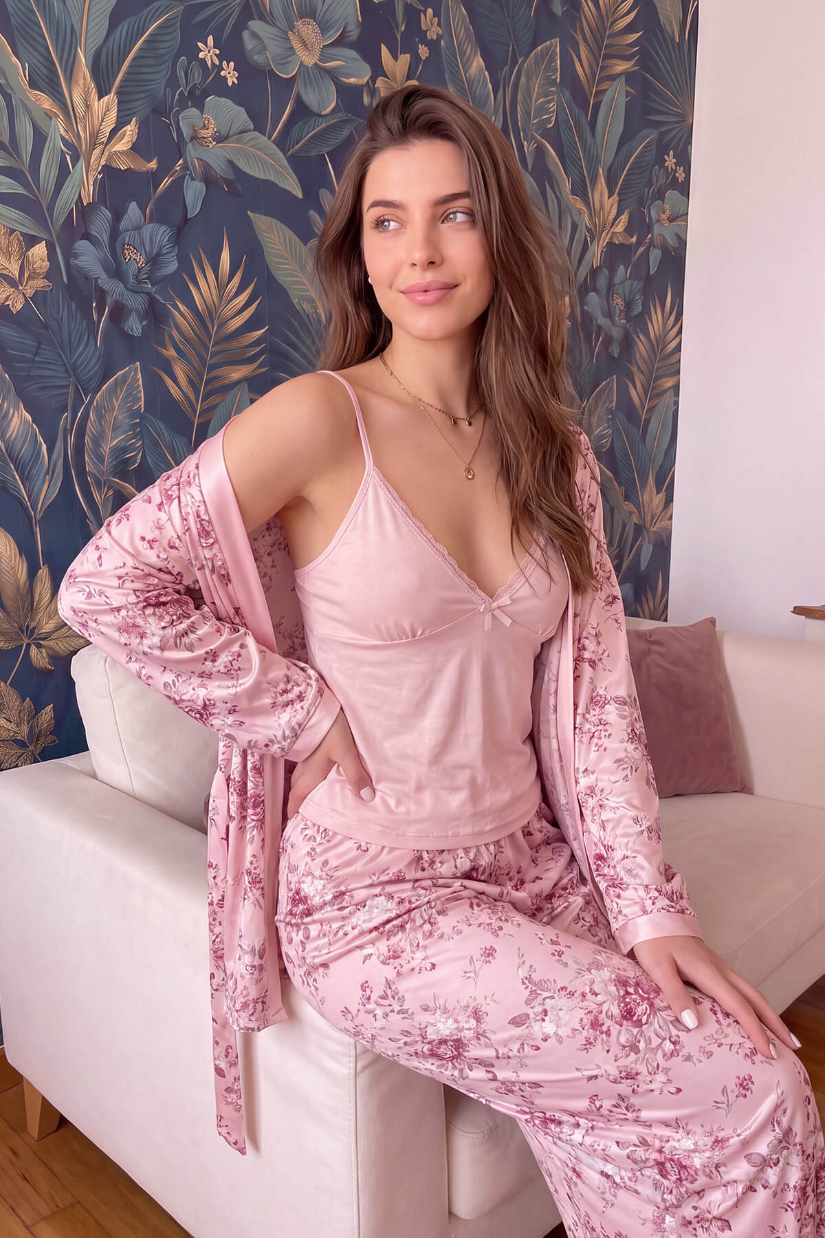 Pembe Flore Exclusive Örme Sabahlıklı Kadın Pijama Takımı - Pijamaevi (1)