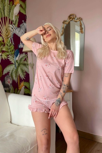 Pembe Flower Baskılı Şortlu Kadın Pijama Takımı - 2