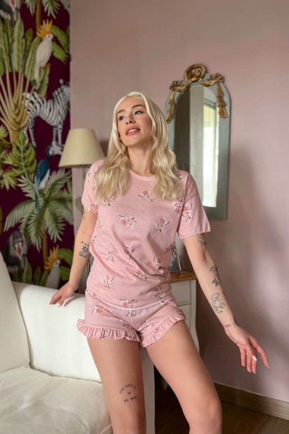 Pembe Flower Baskılı Şortlu Kadın Pijama Takımı - 4