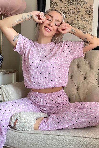 Pembe Flowers Desenli Örme Crop Kısa Kol Kadın Pijama Takımı - 1