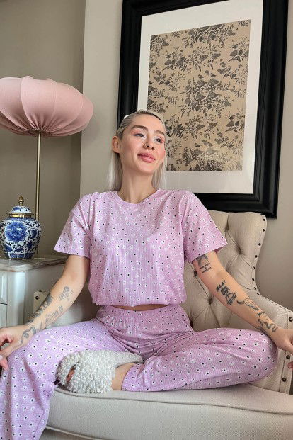 Pembe Flowers Desenli Örme Crop Kısa Kol Kadın Pijama Takımı - 3