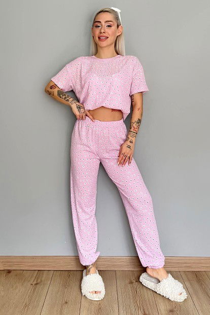 Pembe Flowers Desenli Örme Crop Kısa Kol Kadın Pijama Takımı - 5