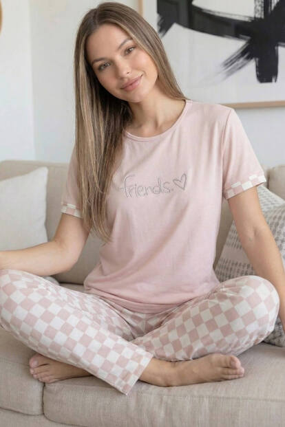 Pembe Friends Desenli Bambu Kısa Kol Kadın Pijama Takımı 