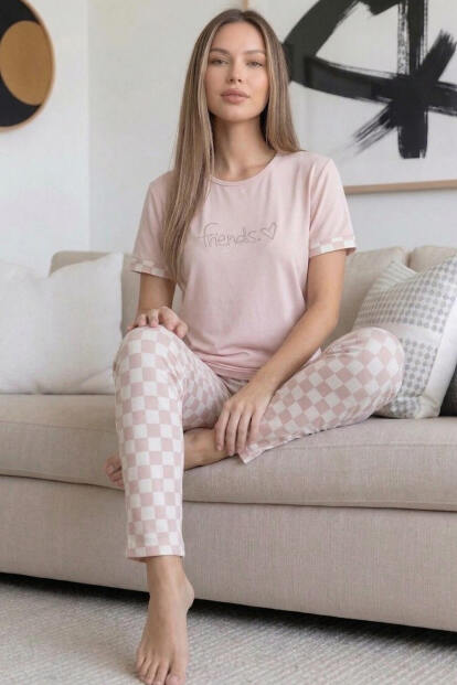 Pembe Friends Desenli Bambu Kısa Kol Kadın Pijama Takımı - 2