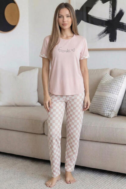 Pembe Friends Desenli Bambu Kısa Kol Kadın Pijama Takımı - 7