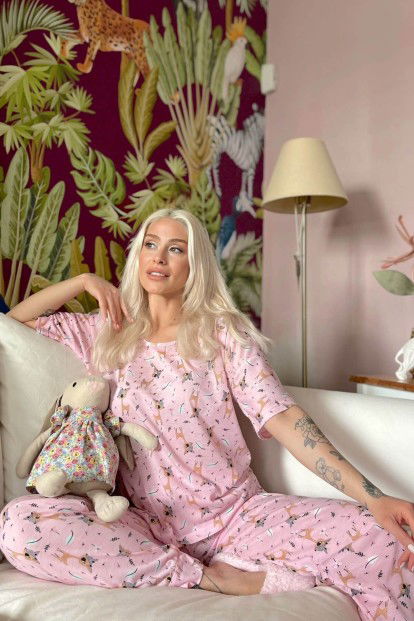 Pembe Geyik Baskılı Kısa Kollu Kadın Pijama Takımı - 2