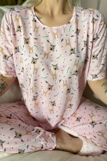 Pembe Geyik Baskılı Kısa Kollu Kadın Pijama Takımı - 4