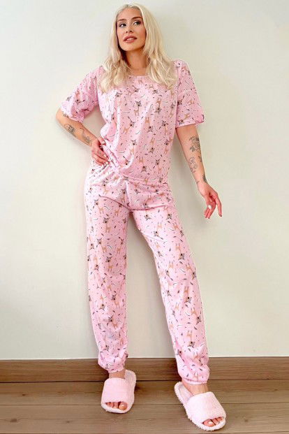 Pembe Geyik Baskılı Kısa Kollu Kadın Pijama Takımı - 5