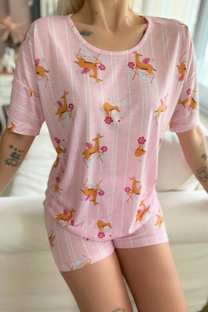 Pembe Geyik Baskılı Şortlu Kadın Pijama Takımı - 4