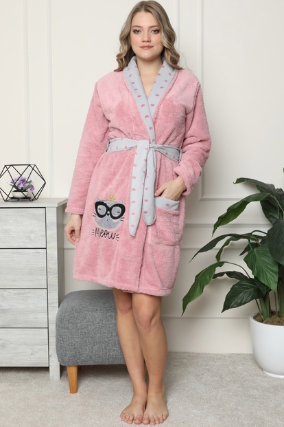 Pembe Gözlük Kedi Desenli Peluş Polar Kadın Sabahlık - 1