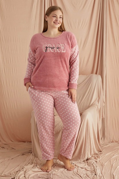 Pembe Grace Desenli Büyük Beden Battal Peluş Pijama Takımı - 2